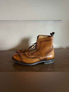 Men's Tan Leather Brogue Cap-Toe Lace-Up Boots